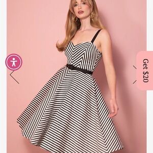 Vixen by Micheline Pitt Black and White Striped Midi Fit-and-Flare Dress